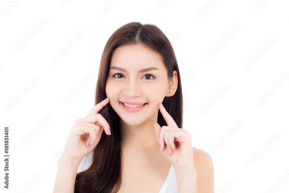 Portrait of beautiful asian woman makeup of cosmetic, girl hand touch cheek and smile attractive, face of beauty perfect with wellness isolated on white background with skin healthcare concept. Portrait of beautiful asian woman makeup of cosmetic, girl hand touch cheek and smile attractive, face of beauty perfect with wellness isolated on white background with skin healthcare concept.