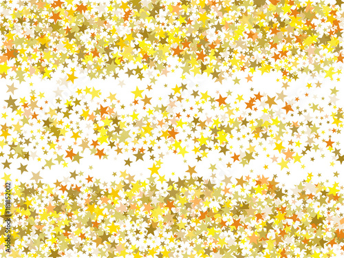 Gold sparkling background with star dust isolated on white. Gold stars sparkling glitter magic background. Golden glitter sparkles confetti flying on white, glossy shine vector graphic design.