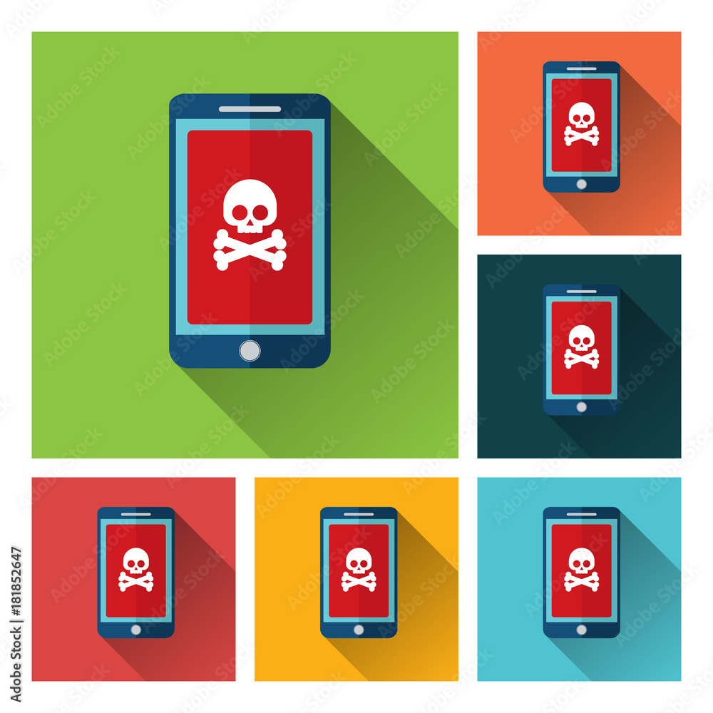 Malware notification on smartphone vector, flat style mobile phone with skull bones bubble speech red alert, concept of spam data, fraud internet error message, insecure connection, online scam, virus