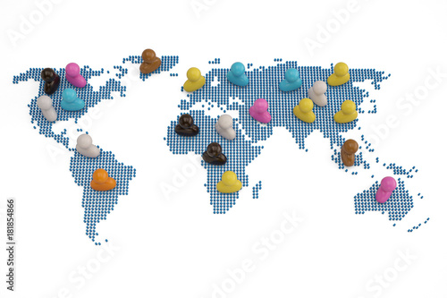 Colorful persons on polygonal world map.3D illustration