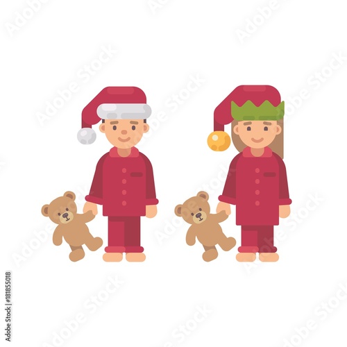 Two children in Christmas hats and red pajamas holding teddy bears