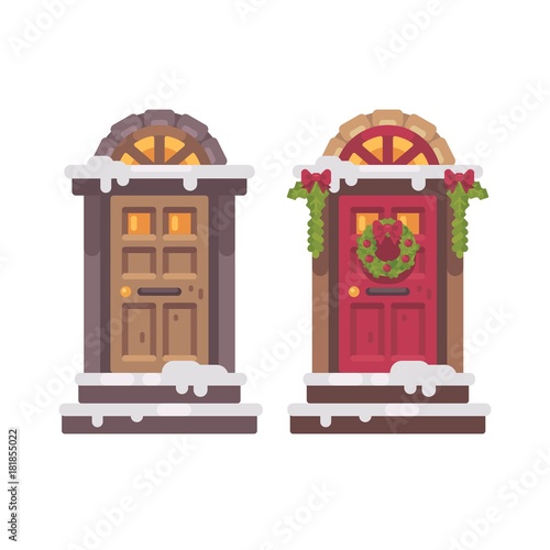 Two winter doors. Christmas decorated porch flat illustration
