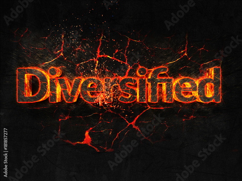 Diversified Fire text flame burning hot lava explosion background.