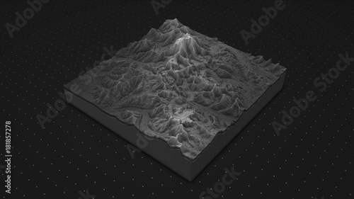 Fényképezés 3D render of geology, soil slice, mountains isolated on dark background
