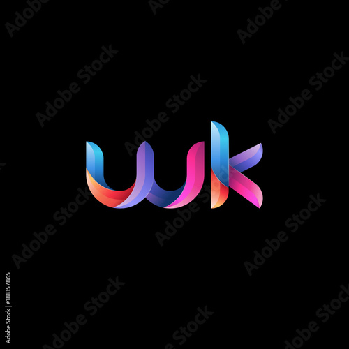 Initial lowercase letter wk, curve rounded logo, gradient vibrant colorful glossy colors on black background