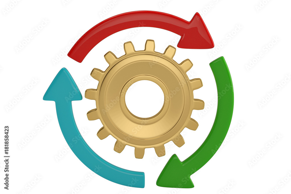 Gear and arrows as workflow concept. 3D illustration. Gear and arrows as workflow concept. 3D illustration.