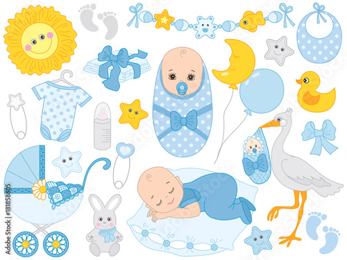 Vector Set with Cute Baby Boy, Stork, Toys and Accessories