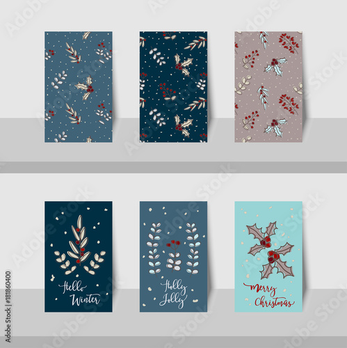 Set of Merry Christmas mini cards with leave, pattern leave, Christmas branch tree holly jolly celebration, decorated scrapbook wrapping paper, gift box for season greeting in brown, red, blue colors.