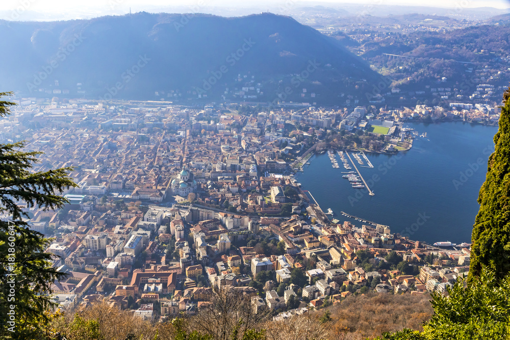 Aerial view of City of Como on Lake Como, Italy