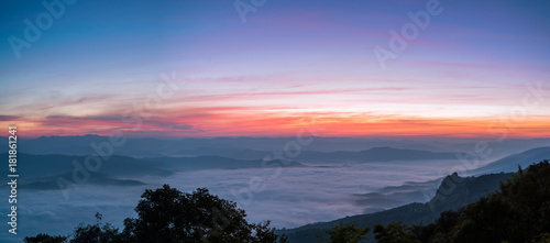 Panoramic View Dawn of Sea Mist on the top of Sierra, Doi Samer-Dao, Nan, Northern of Thailand