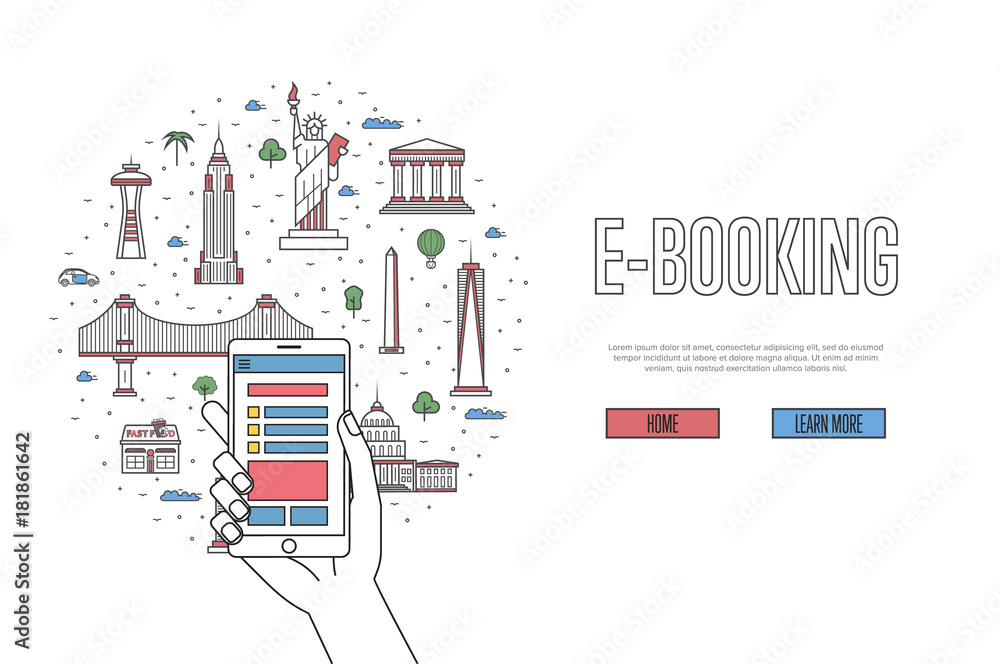 E-booking poster with american famous architectural landmarks in linear style. Online tickets ordering, mobile payment vector concept with smartphone in hand. World traveling, USA historic attractions