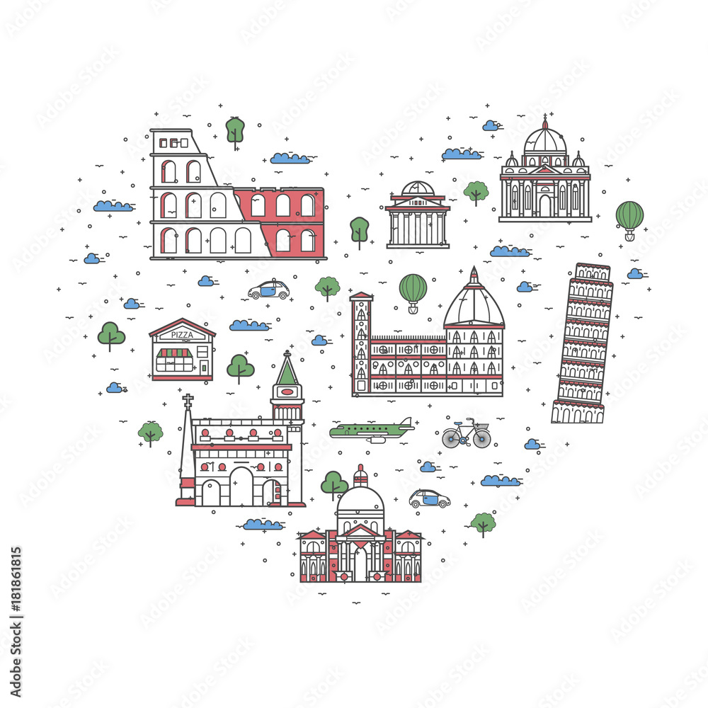 I love Italy poster with national architectural attractions in heart frame. Historic italian famous landmarks and traditional symbols. Touristic advertising vector layout in trendy linear style.
