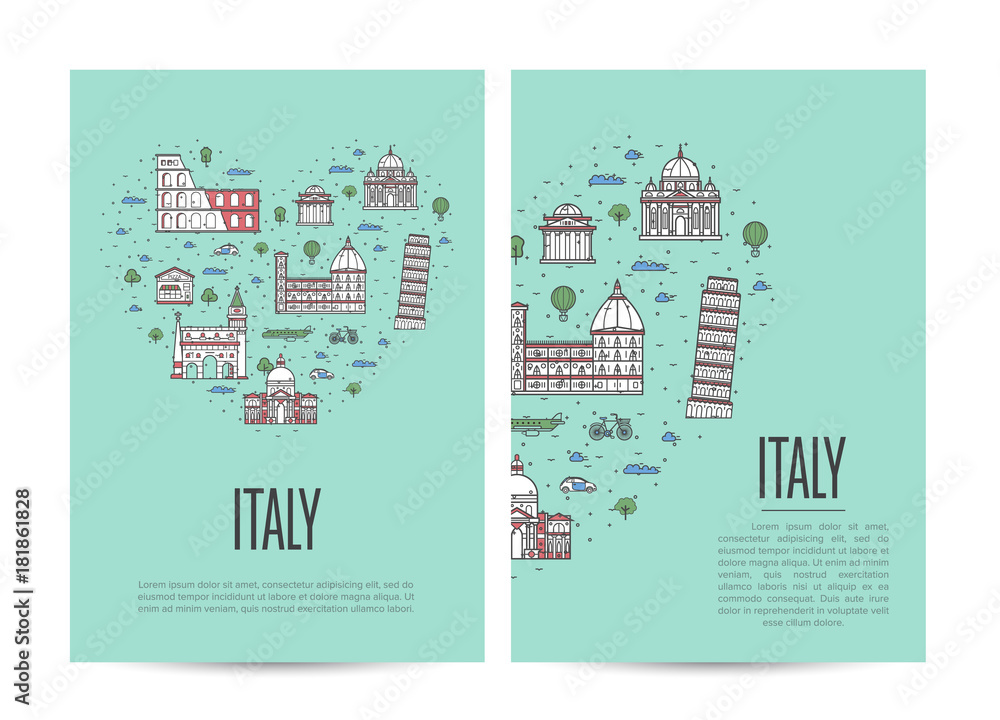 Obraz premium Italy travel tour booklet set with famous architectural attractions. Touristic advertising vector layout for travel agency, europian tourism. Italian landmarks and traditional symbols in linear style.