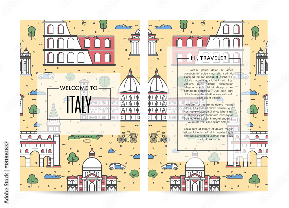 Italy traveling banners set with famous monuments and space for text. Touristic tour vector advertising for travel agency. Italian architectural landmarks and traditional symbols in linear style.