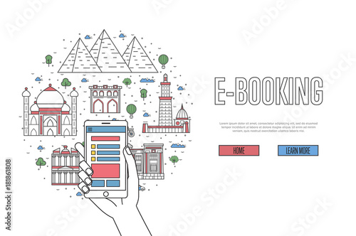 E-booking poster with egyptian famous architectural landmarks in linear style. Online tickets ordering  mobile payment vector with smartphone in hand. World traveling  Egypt historic attractions