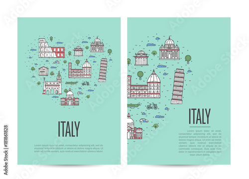 Italy travel tour booklet set with famous architectural attractions. Touristic advertising vector layout for travel agency, europian tourism. Italian landmarks and traditional symbols in linear style.