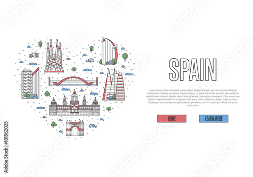 I love Spain poster with famous attractions in heart frame. Spanish landmarks and traditional symbols on white background. European traveling tour advertising vector illustration in linear style.