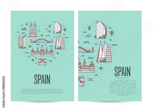 Spain travel tour booklet set with famous architectural attractions. Touristic advertising vector layout for travel agency, european tourism. Spanish landmarks and traditional symbols in linear style.