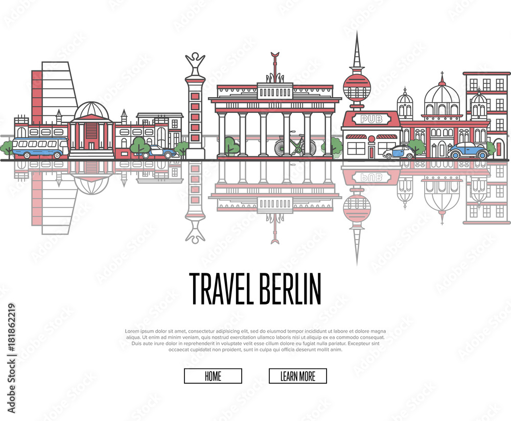 Travel tour to Berlin poster with famous architectural attractions in linear style. German traveling and time to travel vector concept. Berlin panorama with landmarks, touristic tour advertising.