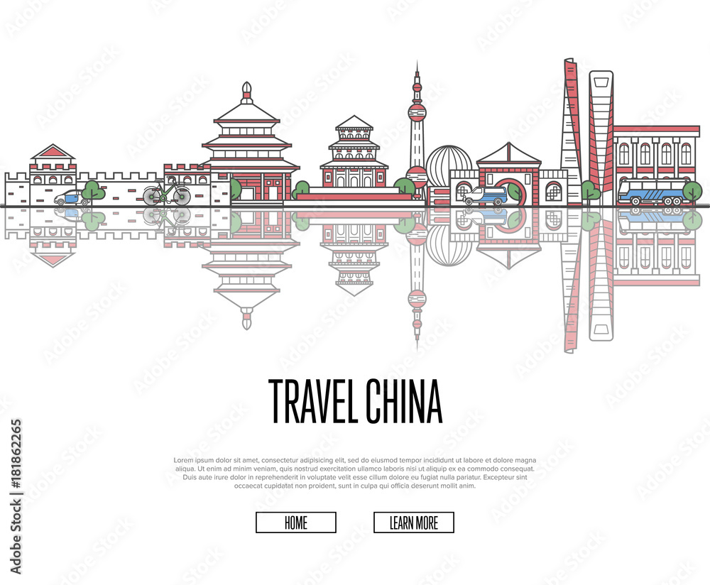 Travel China poster with national architectural attractions in trendy linear style. Chinese famous landmarks and traditional symbols on white background. Asian tourism and journey vector concept.