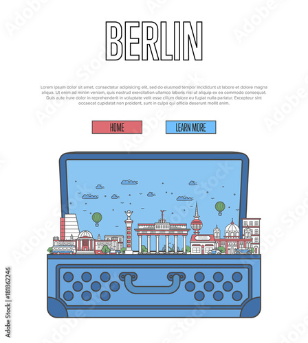Berlin city poster with famous architectural attractions in open suitcase. Worldwide traveling and time to travel vector. Berlin national landmarks, european touristic tour concept in linear style.