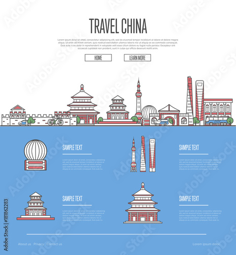 Country China travel vacation guide with most important architectural attractions in linear style. Chinese skyline with national famous landmarks. Worldwide traveling and journey vector concept.