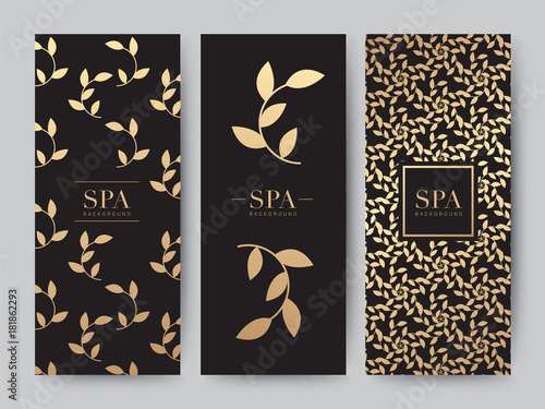 Branding Packaging leaf nature background, logo banner voucher, Gold leaves ornaments, vector illustration