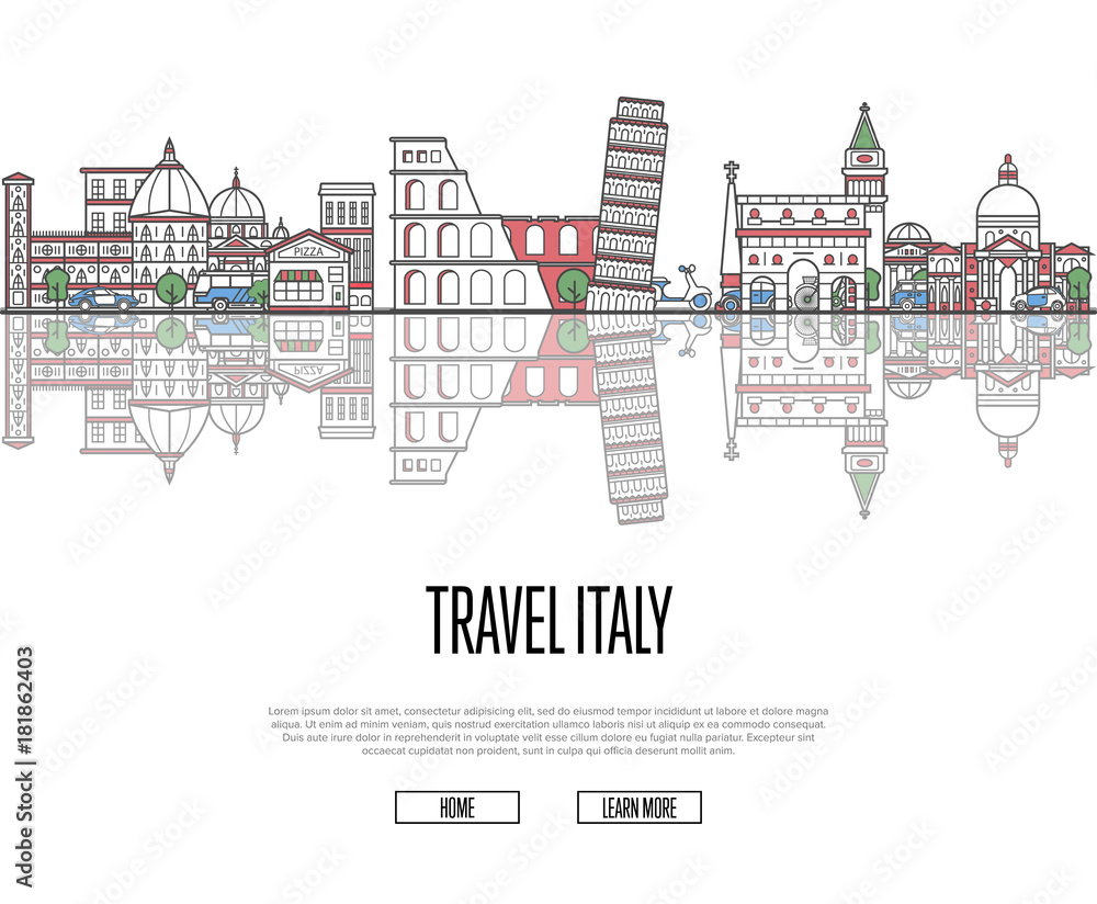 Travel tour to Italy poster with famous architectural attractions in linear style. Worldwide traveling and time to travel concept. Italian panorama with landmarks, tourism and journey vector banner