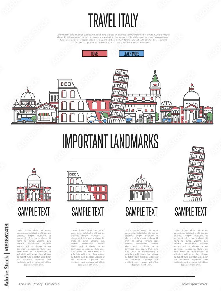 Italy travel infographics with most important architectural attractions in trendy linear style. Italian national landmarks on white background. Worldwide traveling and journey vector concept.