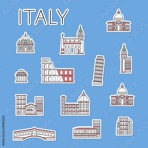 Italian traveling labels with famous architectural attractions in linear style. Coliseum, Leaning tower, Rialto bridge symbols isolated on blue background. Touristic advertising, worldwide tourism.