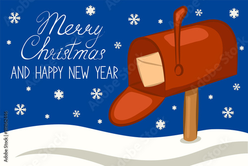 Mailbox with a letter in the snow. Merry Christmas and happy new year greeting card. Vector illustration.