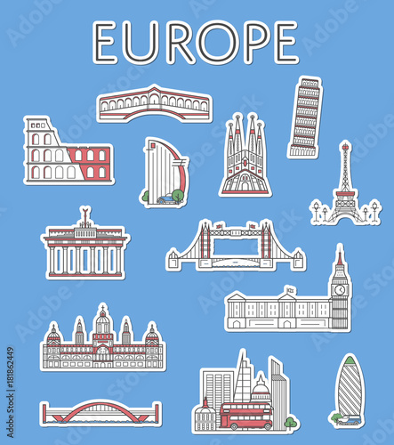 European traveling labels with famous architectural attractions in linear style. Coliseum, Eiffel tower, Westminster symbols isolated on blue background. Touristic advertising, worldwide tourism.