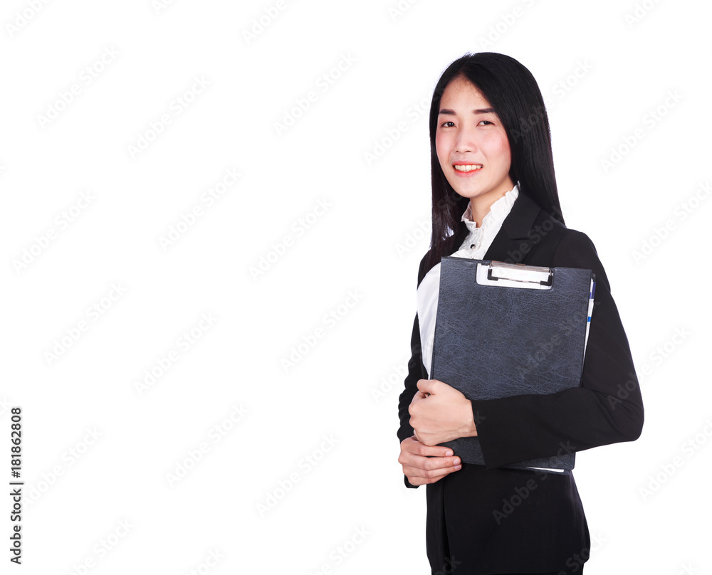 smiling business woman in suit holding a clipboard isolated on white background smiling business woman in suit holding a clipboard isolated on white background