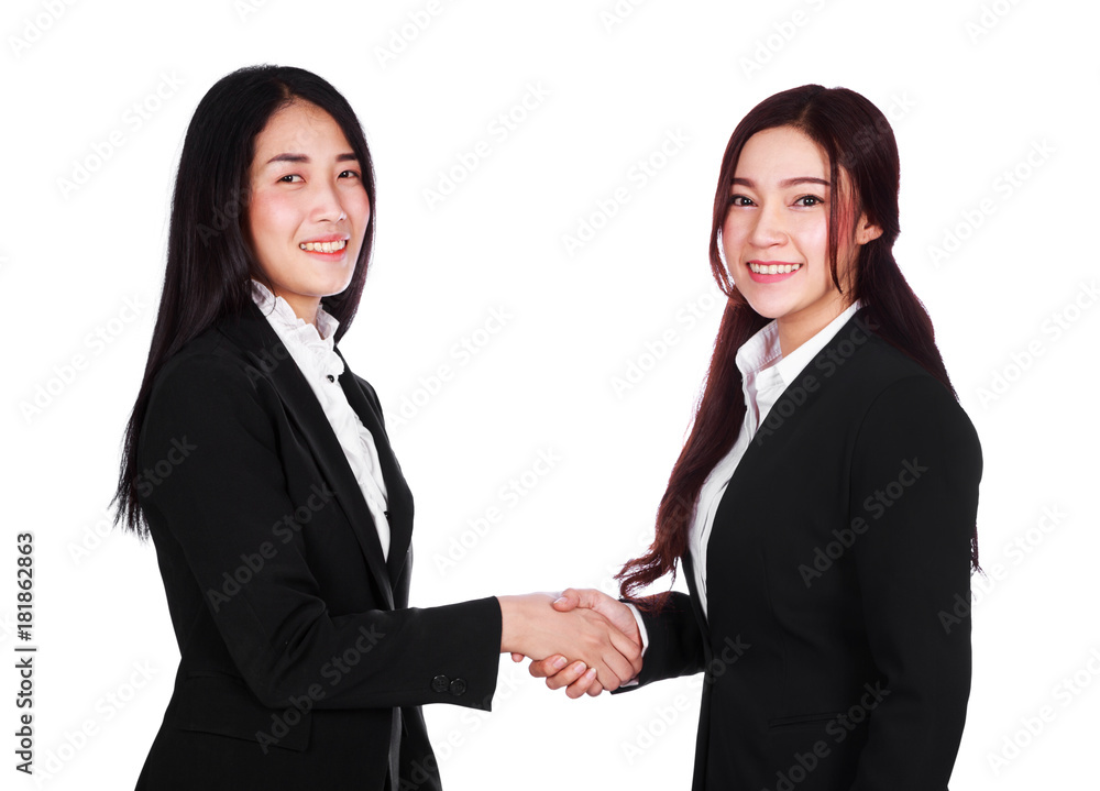 two business woman shaking hands isolated on white background