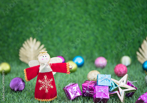 Christmas decoration on grass with copy space