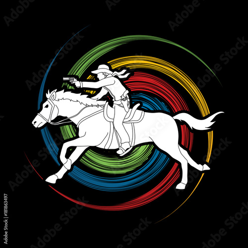 Cowboy riding horse,aiming a gun designed on spin wheel background graphic vector