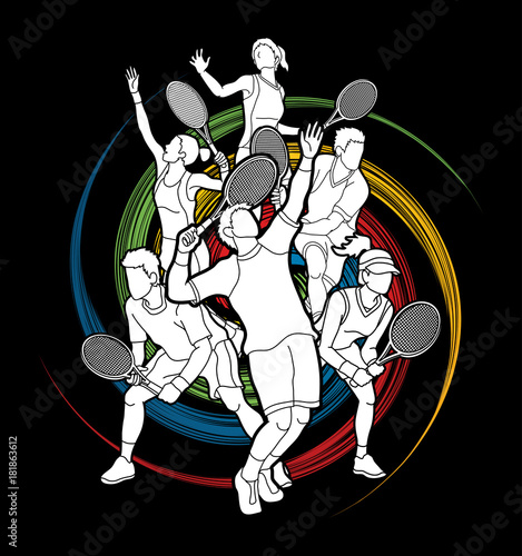 Tennis players , Men and Women action designed on spin wheel background graphic vector.