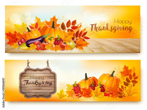 Set of Happy Thanksgiving banners with autumn vegetables and colorful leaves. Vector.