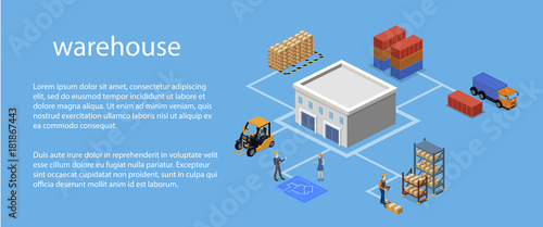 Isometric 3D vector illustration warehouse with a forklift, goods and people.