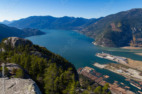 Scenic landscape view of the Howe Sound and it's mountains view in Squamish from the Chief