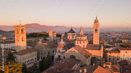 Bergamo, Italy. Drone aerial view of the Old city. One of the beautiful city in Italy. Landscape on the city center and the historical buildings during the sunset