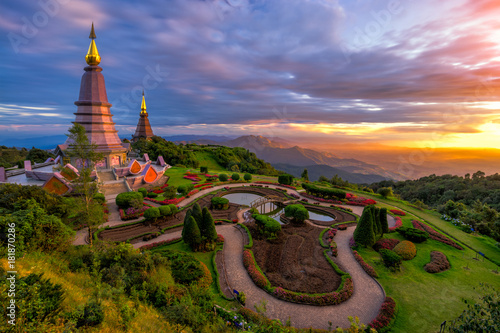 Sunset scence of two pagoda on the top of Inthanon mountain in doi Inthanon national park, Chiang Mai, Thailand. © Travel man