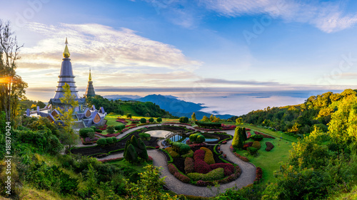 Sunrise scence of two pagoda on the top of Inthanon mountain in doi Inthanon national park, Chiang Mai, Thailand. photo