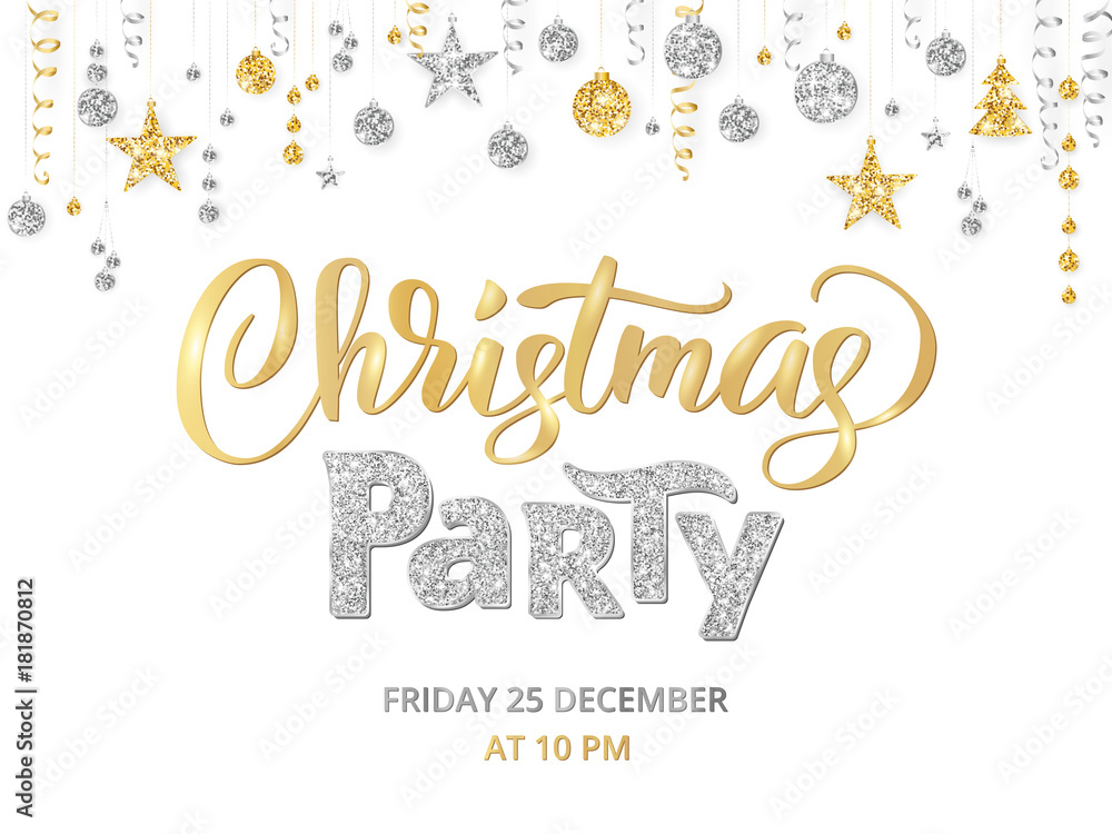 Christmas party poster template, gold and silver on white. Hand written lettering. Isolated golden glitter border, garland with hanging balls and ribbons.