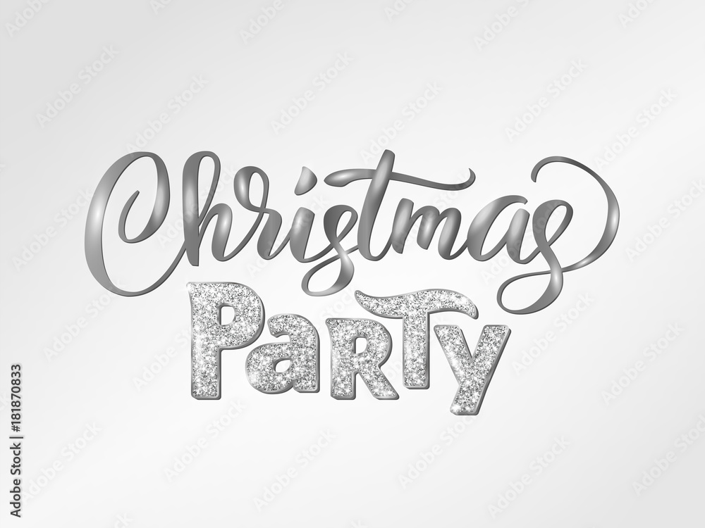 Christmas party hand written lettering. Sparkling glitter silver typography, modern calligraphy