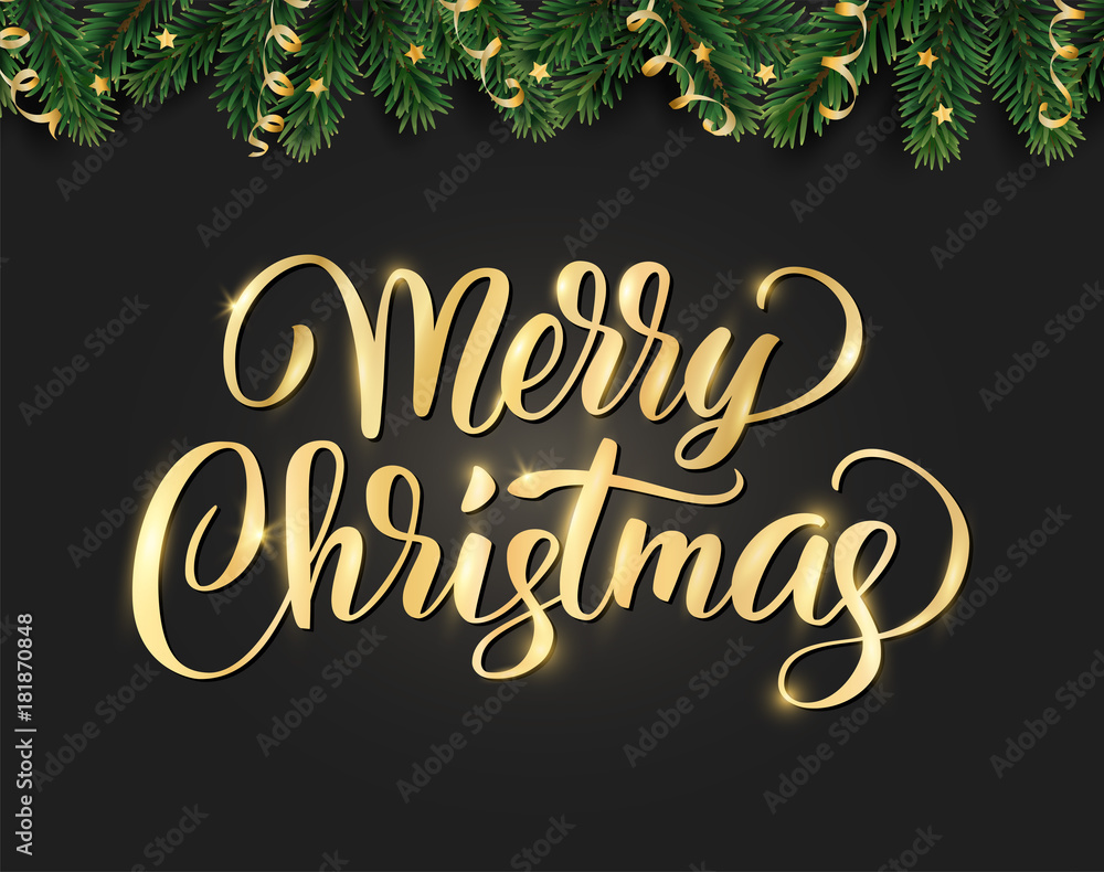 Merry Christmas hand written lettering. Winter holiday background. Fiesta border with fir tree branches and ornaments.