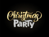 Christmas party hand written lettering on black background. Sparkling glitter golden typography.