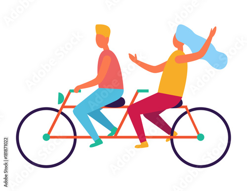 Couple Riding on Tandem or Twin Bicycle Isolated