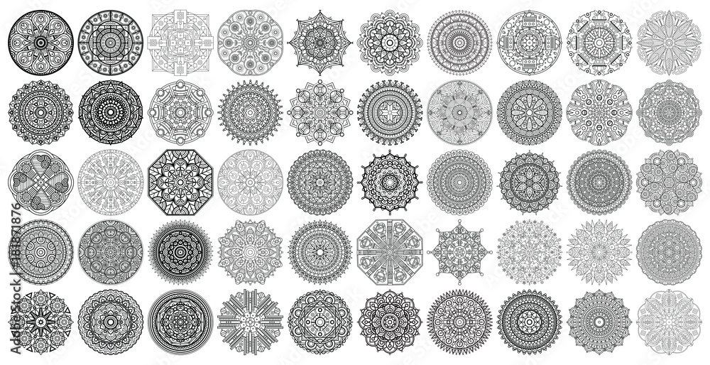 Obraz premium Duży wektor zestaw okrągłych wzorów. Kolekcja mandali geometrycznych. Ornament boho.