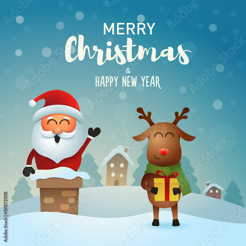 Cute happy Santa claus on a chimney and his friend reindeer with a christmas gift. Vector illustration with the Merry Christmas and Happy New Year message